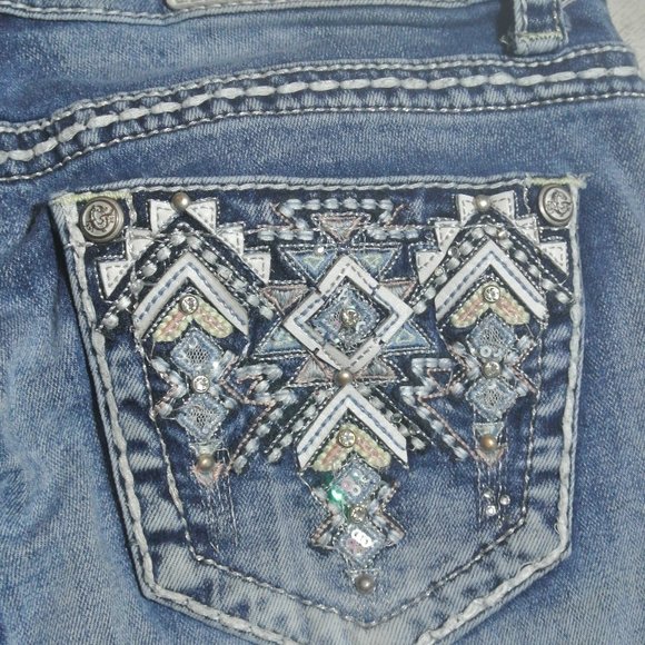 Grace In LA 28 Bootcut Aztec Thick Stitch Jeans 30 X 33 Sequins Bling Embroidery - Picture 1 of 16